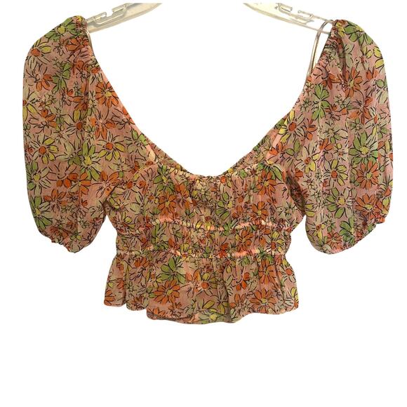 Miss Selfridge NEW Floral Milkmaid Top Womens Size 6 Pink Cropped Peplum ASOS - Picture 5 of 11